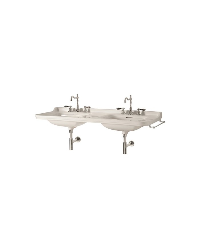 Lavabo 150 x 55 doppia vasca sospeso monoforo (Tre fori su richiesta) completo di ghiera - Serie Waldorf